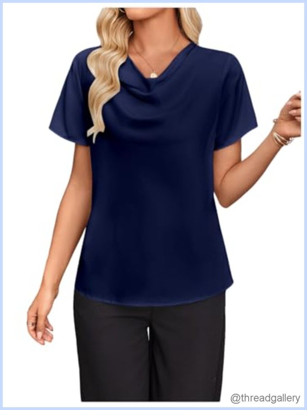 Women's Draped Satin Blouse Short Sleeve Cowl Neck Dressy Work Shirt